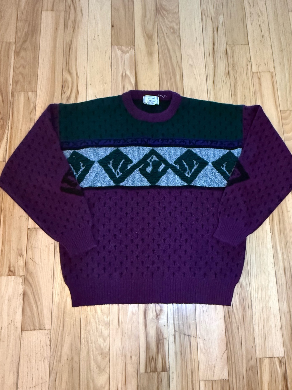 Vintage 90s Jed Purple & Green Geometric Pattern Crewneck Sweater Men’s Large
